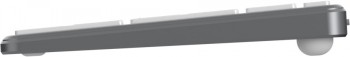 Stylish and slim side profile of the Targus HYPER HYPERSPACE Bluetooth keyboard Side profile of the gray Targus HYPER HYPERSPACE Bluetooth wireless keyboard, slim keys, and rounded feet.