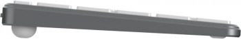 Targus HYPER HYPERSPACE Bluetooth keyboard slim design Side profile of a Targus-branded HYPER HYPERSPACE Bluetooth keyboard with a slim black frame and white keys.