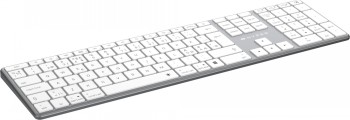 Targus Hyper Hyperspace Bluetooth Keyboard, stylish and durable Thin, white wireless Bluetooth keyboard with a gray frame and a slanted side view.