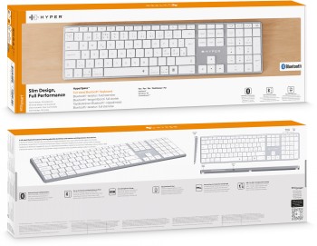 Targus Hyper Hyperspace Bluetooth Keyboard with Stylish Design A wireless white Bluetooth keyboard with a slim design, showing the top and bottom of the packaging.