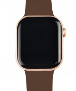 IDEAL OF SWEDEN silicone strap for smartwatch, Mocha Mousse, S/M Brown silicone strap for a smartwatch, gold metal frame, and black screen, shown from a straight perspective.