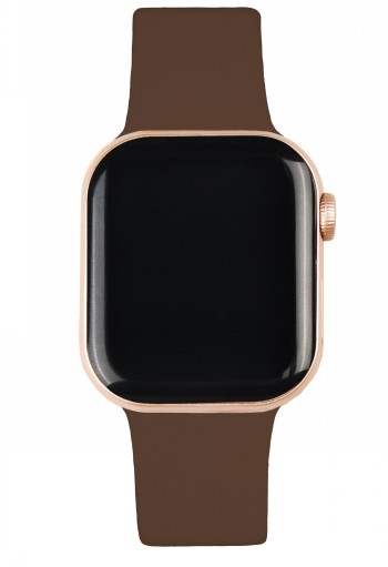 Brown silicone strap for a smartwatch, gold metal frame, and black screen, shown from a straight perspective.