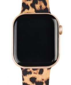 Leopard-patterned silicone Apple Watch band with a gold-colored case.