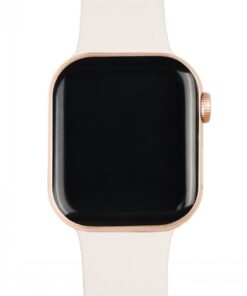 IDEAL OF SWEDEN silicone strap, Cloud Dancer, a practical and stylish choice Light beige silicone strap for a smartwatch, rectangular display with a golden edge, viewed from the front.