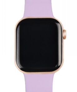 Light purple silicone band on a smartwatch with gold edges, frontal view.