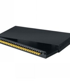 Black 1U-sized fiber patch panel with 24 ST simplex ports on the front panel.