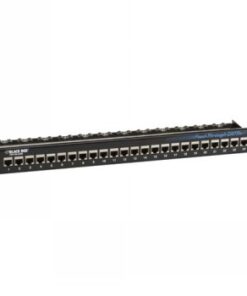 24-port black 1U CAT5e feed-through patch panel with a vertical bracket and steel front plate.