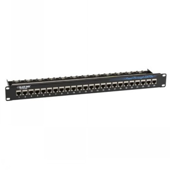Black Box CAT5e 24-port feed-through patch panel, 1U, shielded 24-port black 1U CAT5e feed-through patch panel with a vertical bracket and steel front plate.