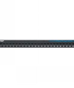 24-port black Cat5e patch panel with numbered ports and standard 1U size.