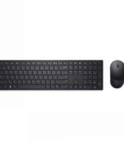 Wireless black keyboard and mouse, slim and modern, pictured from above.