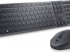 A slim black keyboard with a numeric keypad, paired with a compatible ergonomic mouse placed at an angle.
