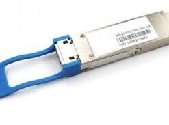 Silver-colored QSFP28 module with a blue handle and LC connector, white labels.