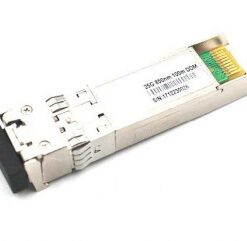 A silver-colored QSFP28 module with a green and yellow connector, on a white background.