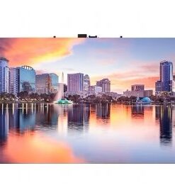 Samsung Smart LED Signage Indoor monitor with a metropolis cityscape Samsung indoor LED monitor with a sharp and colorful cityscape image of a metropolis skyline.