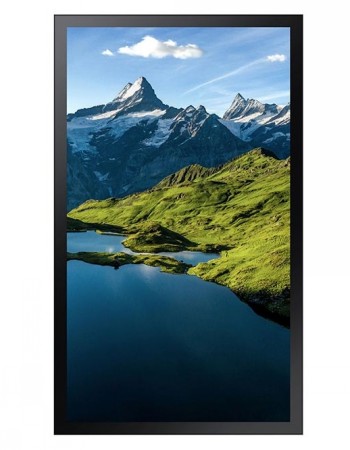 Samsung's 75-inch outdoor information display with a slim black frame and a bright image of a mountain landscape.