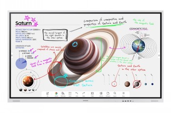 Samsung's 75-inch digital whiteboard with a touchscreen displaying graphics of Saturn and notes.