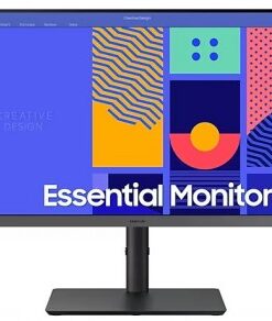 Samsung S24F434 24" frameless monitor with stylish design. A frameless 24-inch Samsung monitor with a black stand, colorful display graphics.
