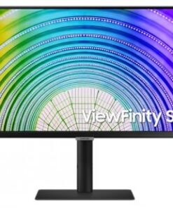 Samsung 24-inch monitor, height-adjustable stand, bright image. Samsung's 24-inch monitor with a stand, sleek frame, and bright colorful display screen.
