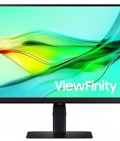 Samsung Viewfinity S24D604U 24-inch monitor with vivid display Samsung Viewfinity S24D604U monitor, black stand, thin bezels, bright multi-tone green and yellow background, straight front...