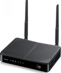 A black Zyxel LTE3301-PLUS router with two vertically positioned antennas and LED indicator lights on the front.