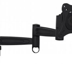 Black adjustable wall-mounted monitor stand with VESA interface.