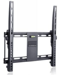 Black wall mount for television with adjustable arms and a built-in spirit level in the center.