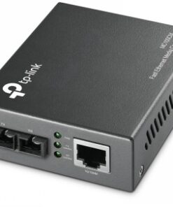 TP-Link's black and gray MC100CM media converter with ports and indicator lights.