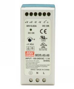 Industrial-grade 40W 48VDC DIN-rail mounted power supply, white casing with visible markings.