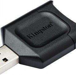 Black Kingston MobileLite Plus SD card reader with USB-A 3.2 Gen1 connection, close-up from the top corner.