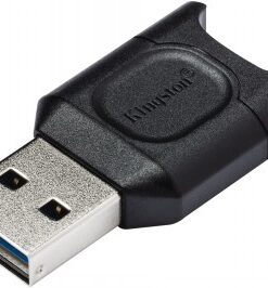 Black and white Kingston MobileLite Plus microSD card reader with USB-A 3.2 Gen1 interface, viewed diagonally from above.