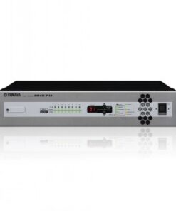 Gray and black Yamaha MRX7D DSP processor with 64-channel Dante I/O and front panel meters.