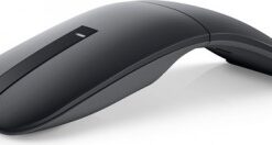 Thin and ergonomic black Dell Bluetooth mouse captured from a side profile, with a curved design.