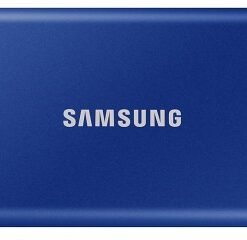 Samsung T7 1TB external SSD, blue Blue, rectangular Samsung T7 external SSD 1TB, flat metal surface.