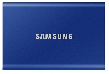 Samsung T7 1TB external SSD, blue Blue, rectangular Samsung T7 external SSD 1TB, flat metal surface.