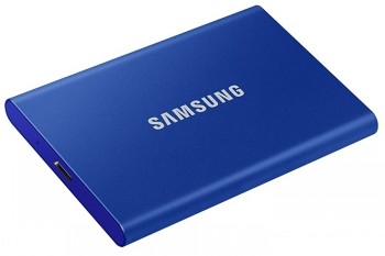 Samsung T7 External SSD 1TB - blue, compact storage solution. A blue Samsung T7 external SSD drive with a sleek and slim design.