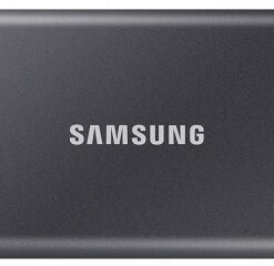 Samsung T7 external SSD 1TB, gray storage solution. Gray, rectangular Samsung T7 SSD with the brand logo in the center.