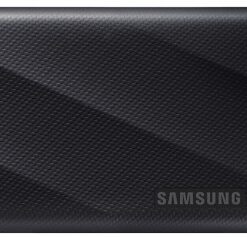 Samsung T9 external SSD 4TB - black, compact size Black external SSD Samsung T9, 4TB, textured surface, rectangular design.