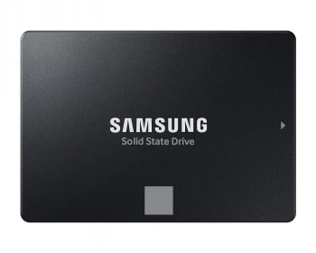 Samsung 1TB 870 EVO SSD hard drive, a high-performance choice Black Samsung 870 EVO SSD hard drive 1TB, rectangular, front view.