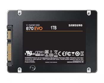 Samsung 870 EVO 1TB SSD drive, black 2.5 inches Samsung 870 EVO 1TB SSD drive, black 2.5-inch hard drive, seen from the back.