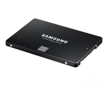 Samsung 1TB 870 EVO SSD hard drive 2.5 inch Samsung 1TB 870 EVO SSD hard drive in a black case, minimalist design, close-up from an angle.