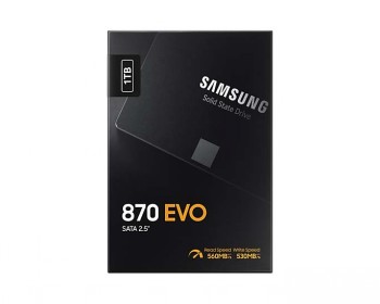 Samsung 1TB 870 EVO SSD 2.5" hard drive in packaging Black Samsung 870 EVO SSD in packaging, 1TB capacity, SATA 2.5 inch.