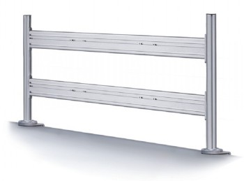 Silver-colored desk mount for six monitors, two horizontal bars and vertical poles.