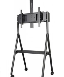 A black, height-adjustable stand type for TV screens, equipped with wheels and a storage shelf.
