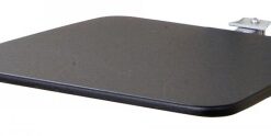 Black, rectangular shelf with a metal bracket, viewed from the side.