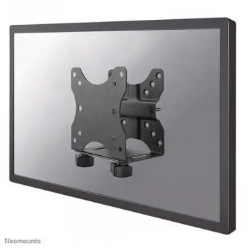 Black thin client holder attached behind the monitor, metal structure, modern design.