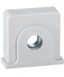 Light grey DIN rail mounting screw with a round metallic hole in the center.