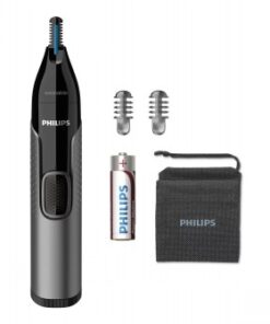 Philips nose hair trimmer, black-silver color, includes two replacement heads, a battery, and a storage pouch.