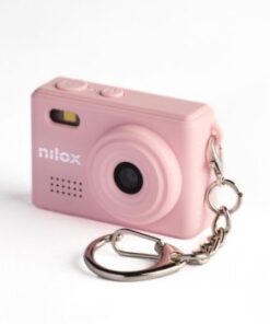 Pink mini action camera with a fixed lens and keyring attachment on a white background.