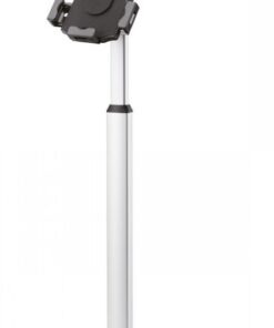 Silver tablet stand with a triangular base and an adjustable holder for 7.9-10.5 inch tablets.