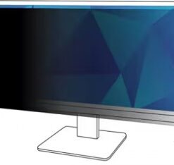 Widescreen monitor with an attached privacy filter, darkens the screen when viewed from the side.